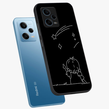 Line Art Girl With Shooting Stars Glass Case displayed in angled mockup highlighting elegant line art design with dreamy star aesthetic.