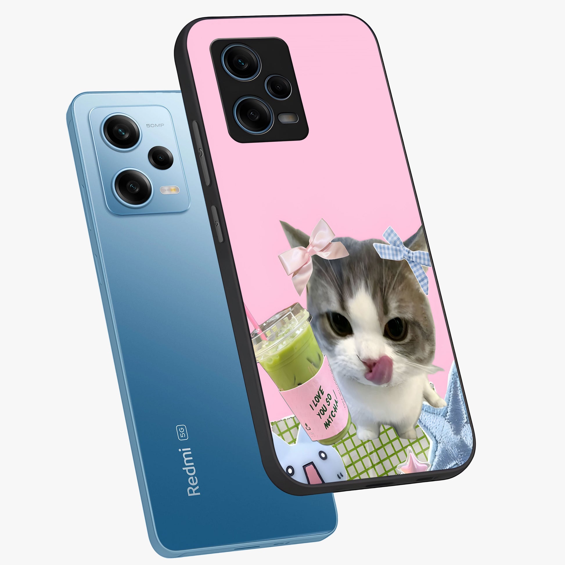 Love Matcha Cat Glass Case displayed in angled mockup highlighting playful feline illustration with cozy matcha aesthetic.