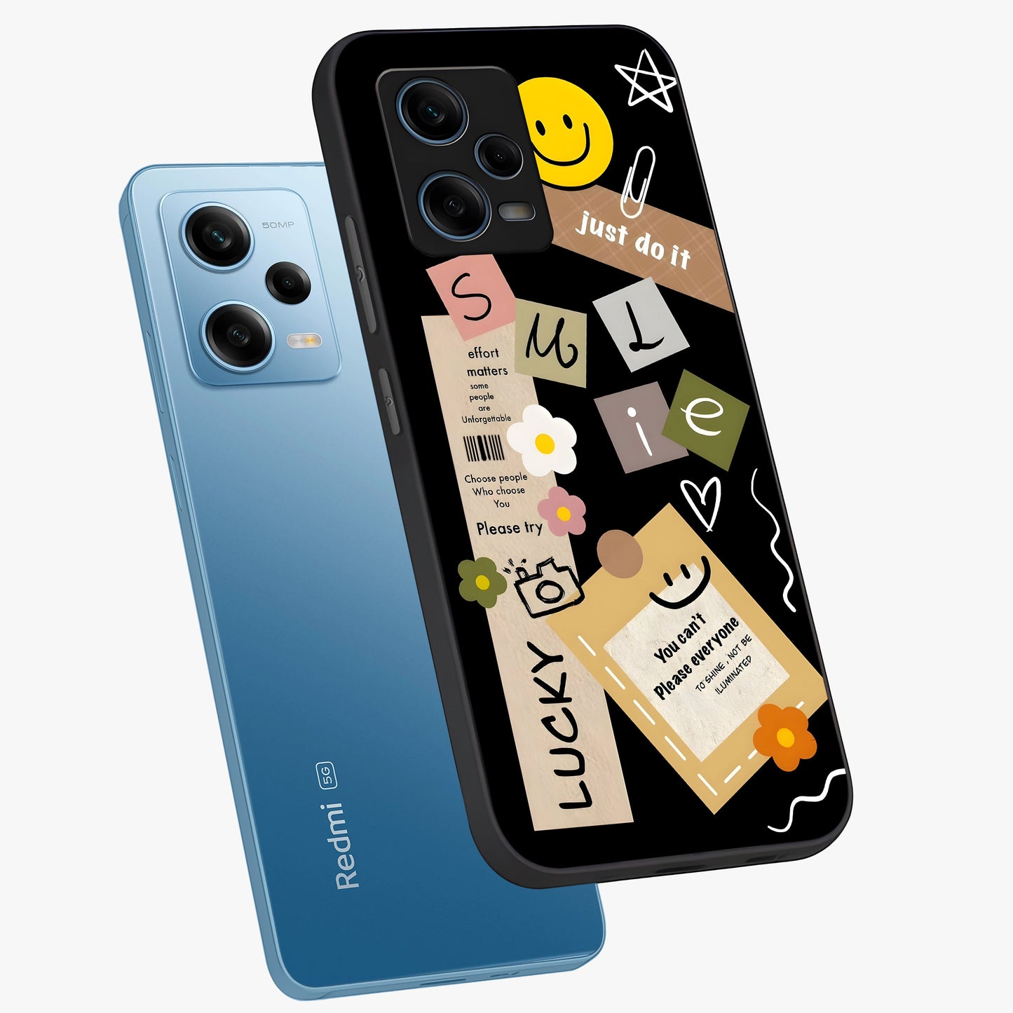Lucky Aesthetic Collage Glass Case displayed in angled mockup highlighting stylish collage pattern with modern aesthetic vibe.