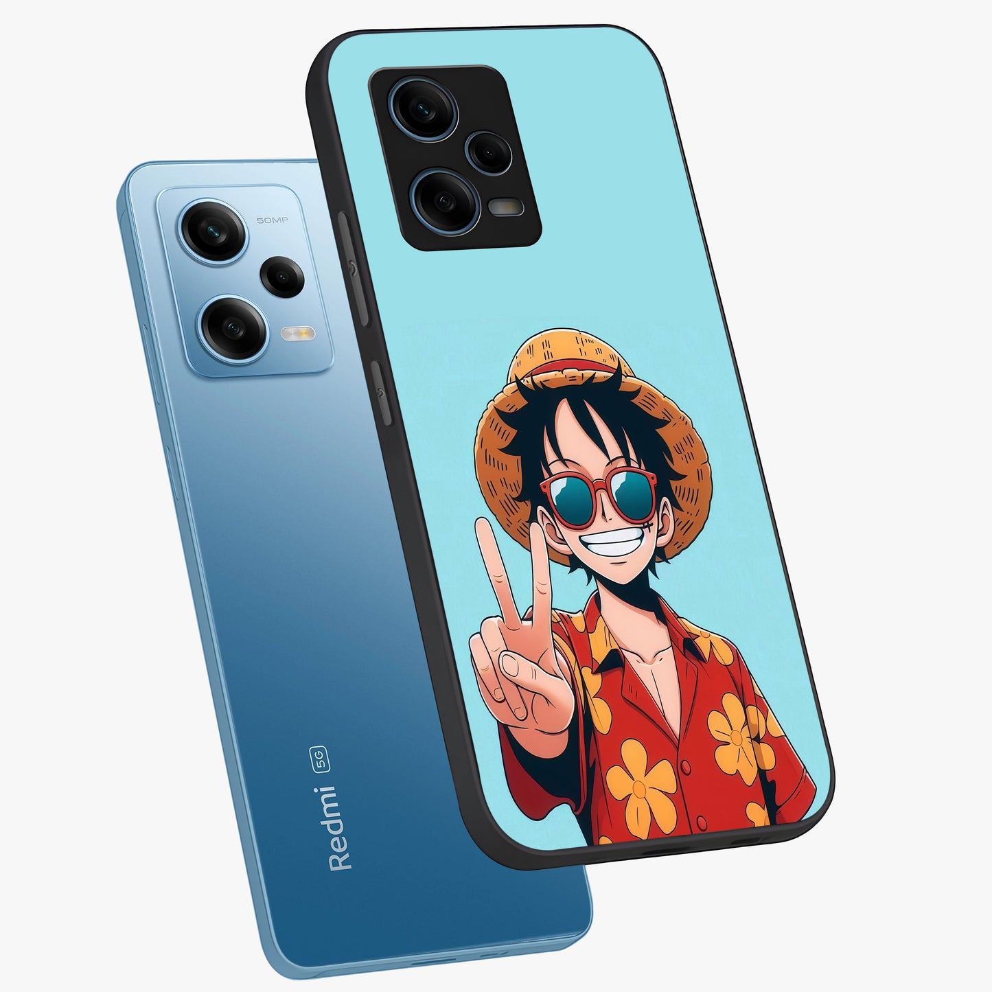 Luffy Summer Anime Vibe Glass Case displayed in angled mockup highlighting energetic anime illustration with summer vibe aesthetic.