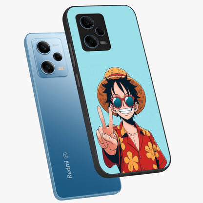 Luffy Summer Anime Vibe Glass Case displayed in angled mockup highlighting energetic anime illustration with summer vibe aesthetic.