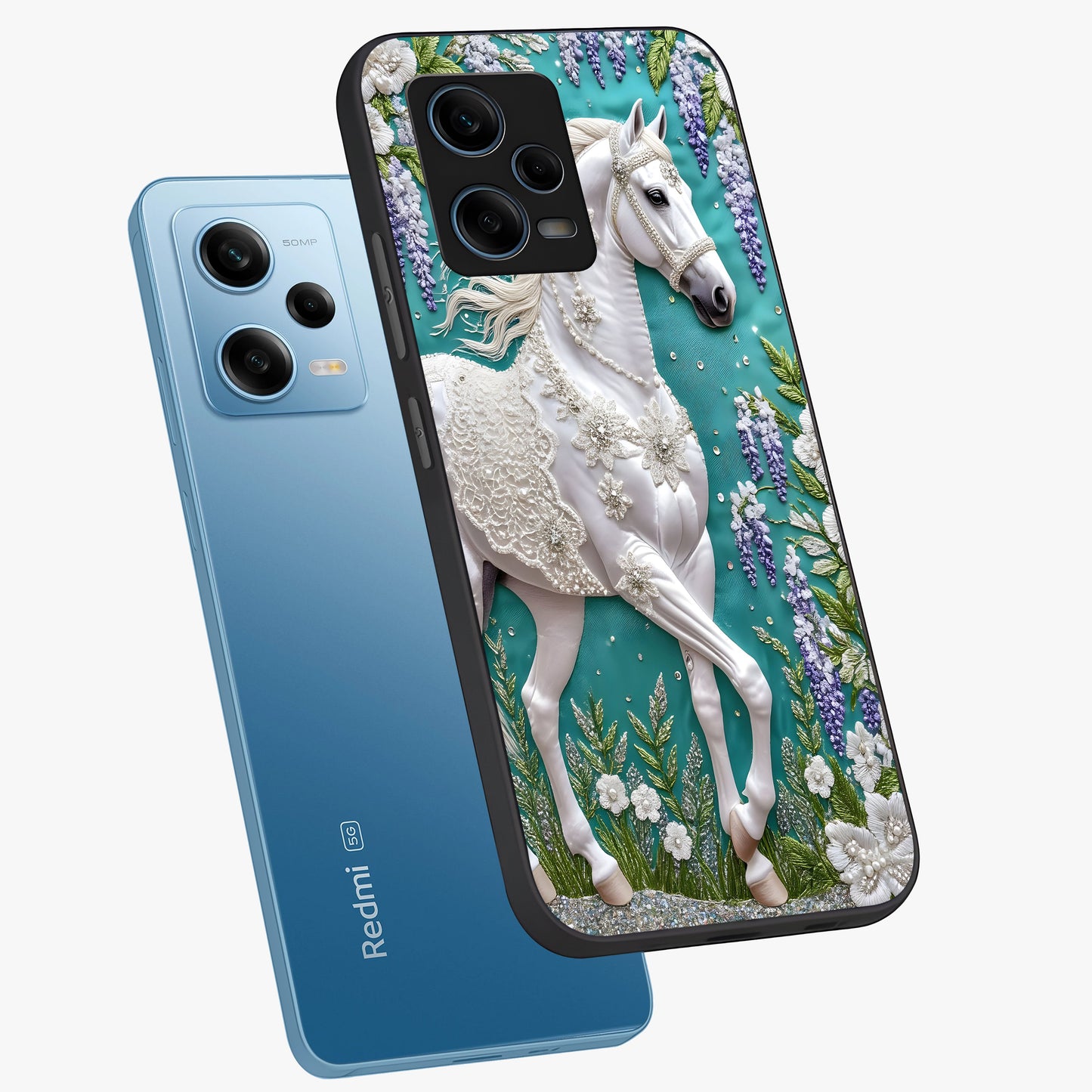 Majestic Floral Stallion Glass Case displayed in angled mockup highlighting majestic stallion illustration with elegant floral aesthetic.