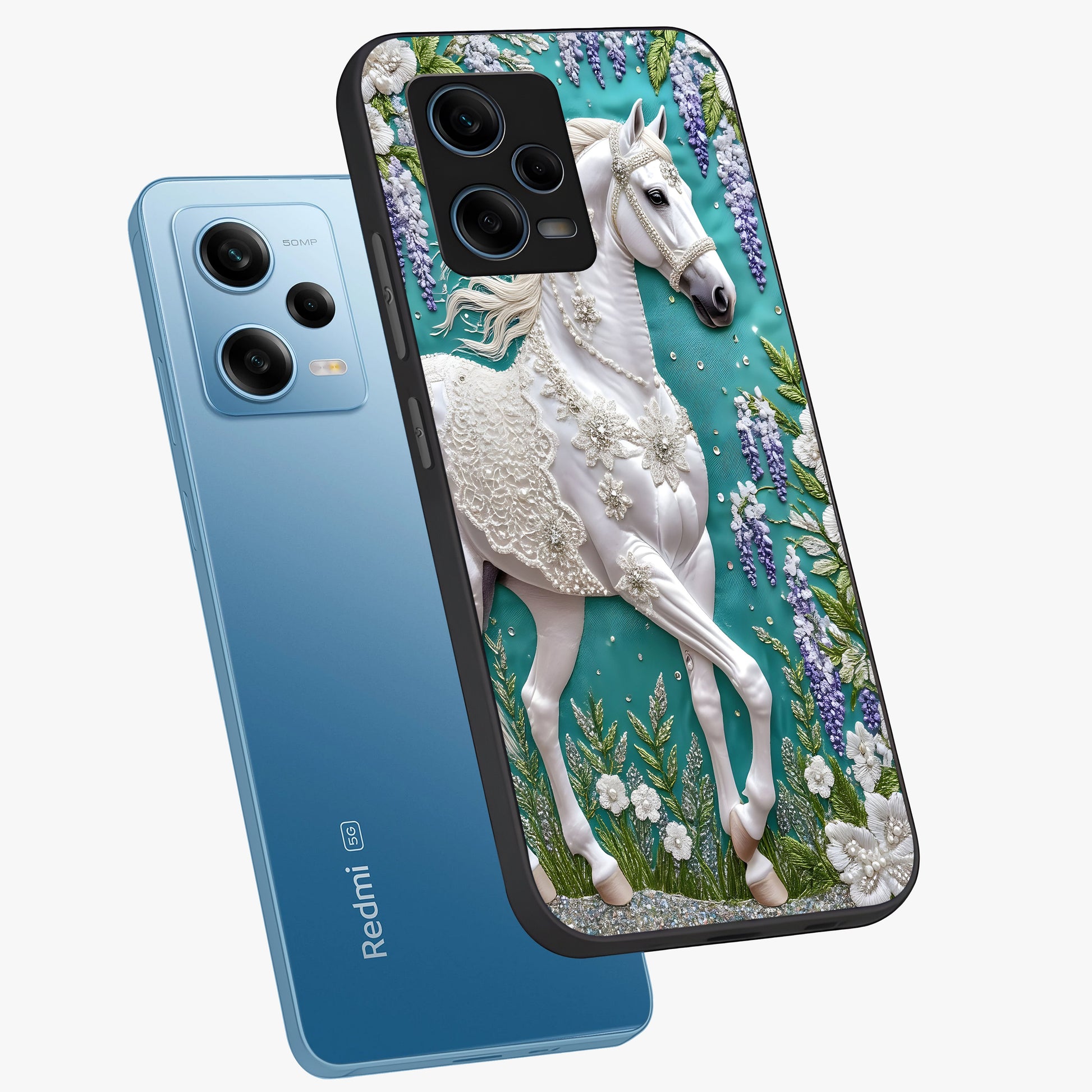 Majestic Floral Stallion Glass Case displayed in angled mockup highlighting majestic stallion illustration with elegant floral aesthetic.