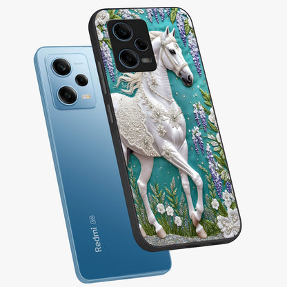 Majestic Floral Stallion Glass Case displayed in angled mockup highlighting majestic stallion illustration with elegant floral aesthetic.