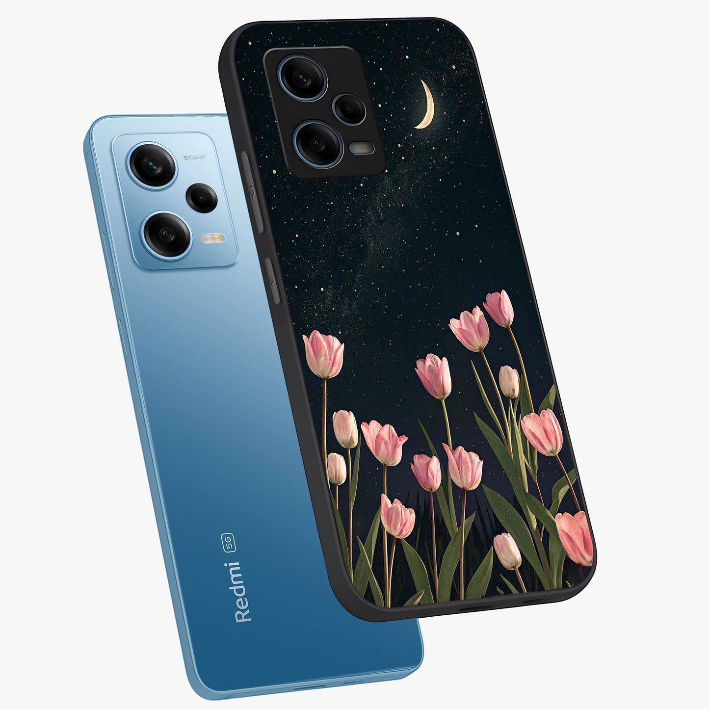 Midnight Tulip Whispers Vibe Glass Case displayed in angled mockup highlighting delicate tulip design with midnight floral aesthetic.