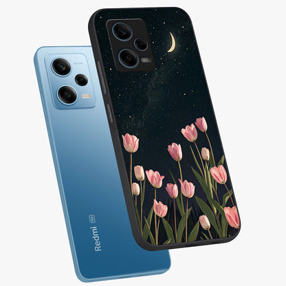 Midnight Tulip Whispers Vibe Glass Case displayed in angled mockup highlighting delicate tulip design with midnight floral aesthetic.