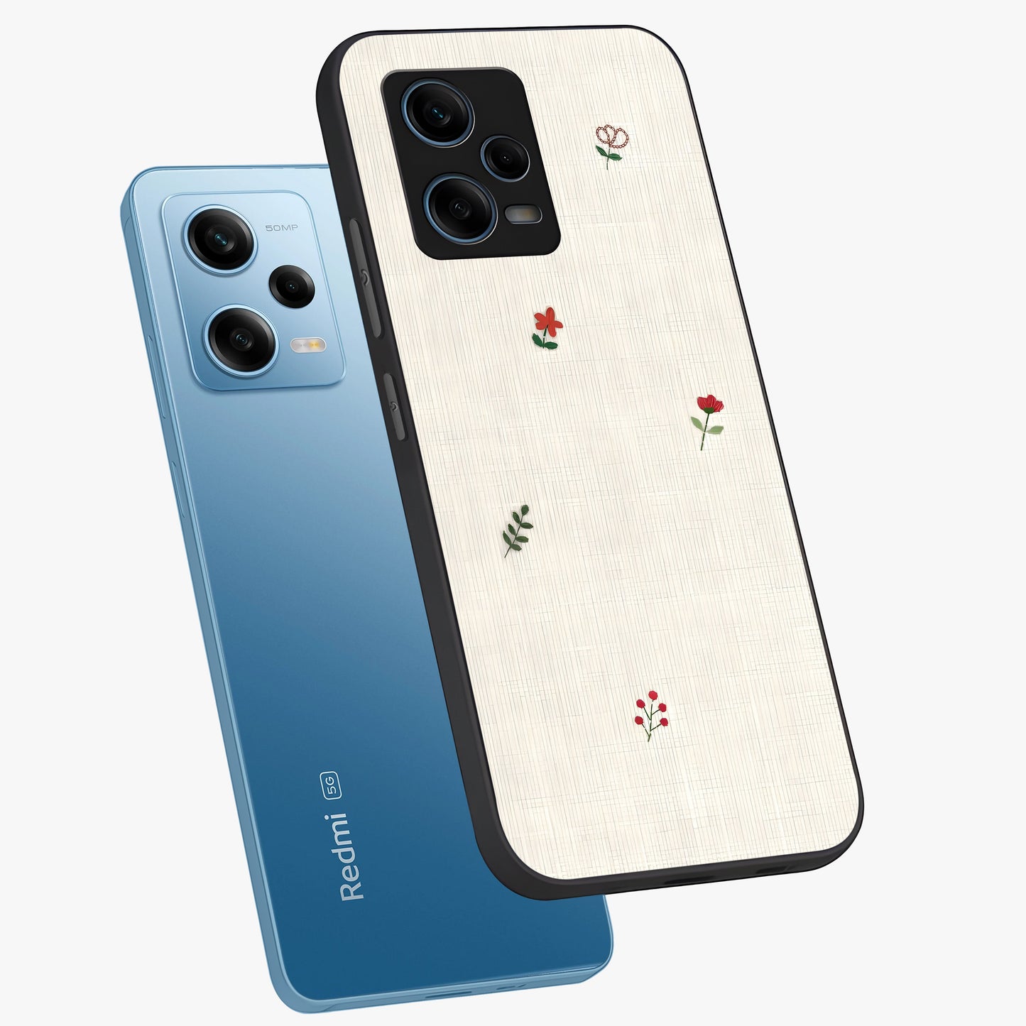 Minimalistic Blue With White Flower Pattern Glass Case displayed in angled mockup highlighting simple floral design with minimal aesthetic.
