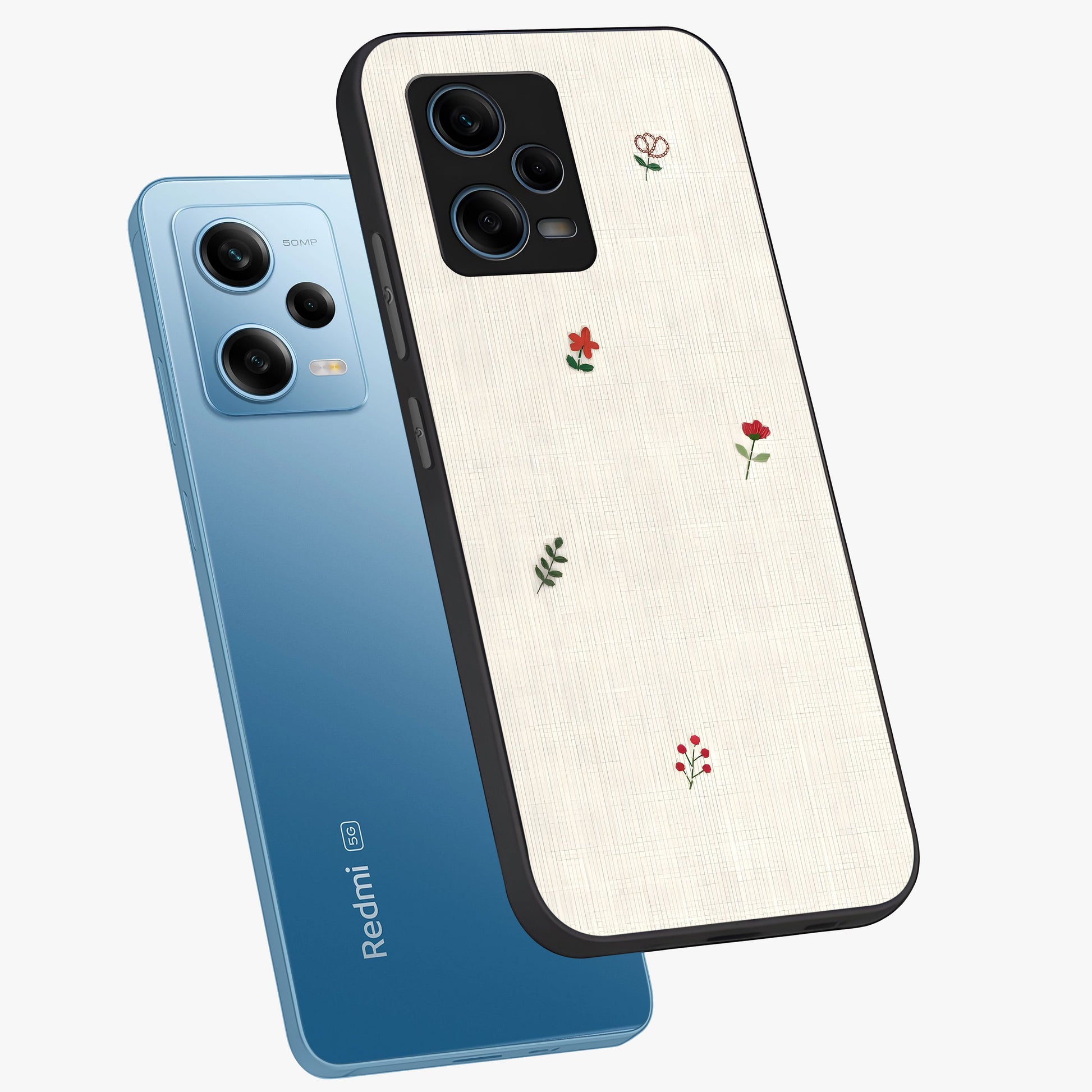 Minimalistic Blue With White Flower Pattern Glass Case displayed in angled mockup highlighting simple floral design with minimal aesthetic.