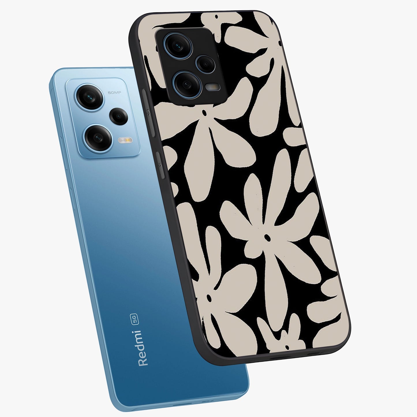 Monochrome Petal Dance Glass Case displayed in angled mockup highlighting elegant petal design with black and white aesthetic.
