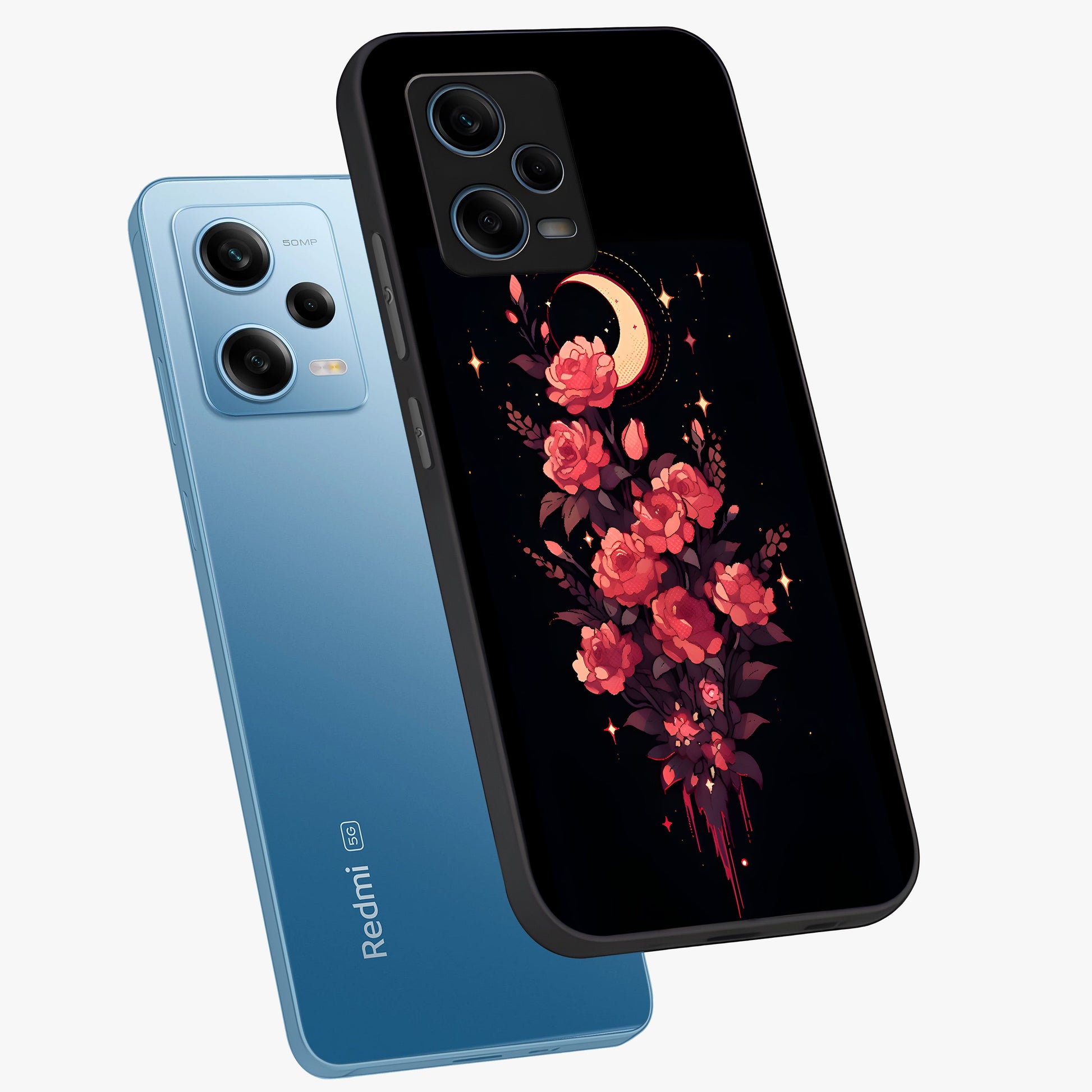 Moonlit Floral Elegance Glass Case displayed in angled mockup highlighting graceful flower design with soft moonlight aesthetic.