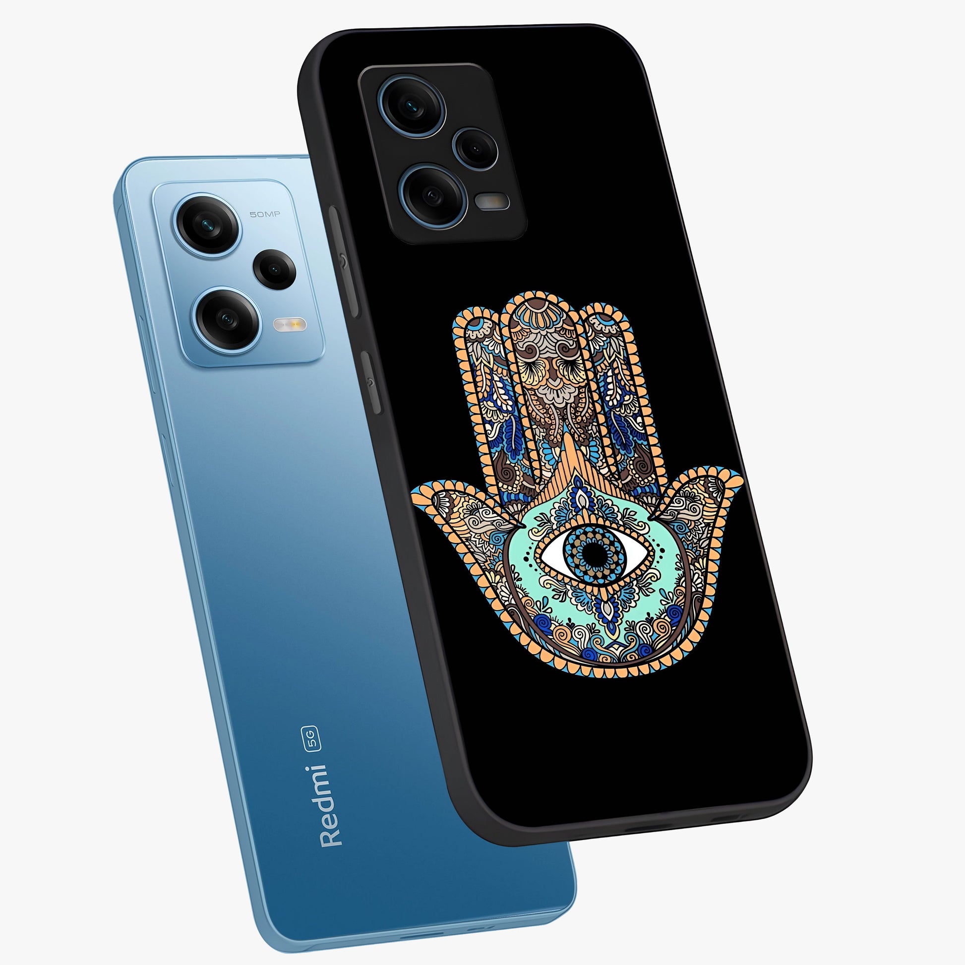 Mystic Hamsa Eye Glass Case displayed in angled mockup highlighting spiritual hamsa symbol with mystical aesthetic style.