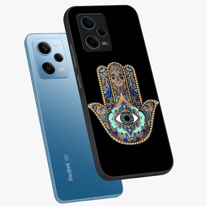 Mystic Hamsa Eye Glass Case displayed in angled mockup highlighting spiritual hamsa symbol with mystical aesthetic style.