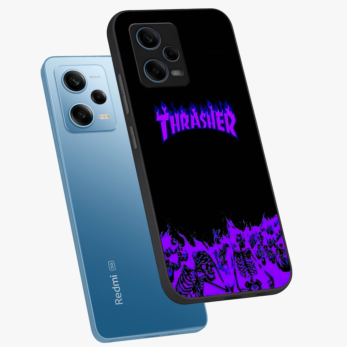Neon Flame Riot Glass Case displayed in angled mockup highlighting glowing flame design with vibrant neon aesthetic.