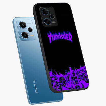 Neon Flame Riot Glass Case displayed in angled mockup highlighting glowing flame design with vibrant neon aesthetic.