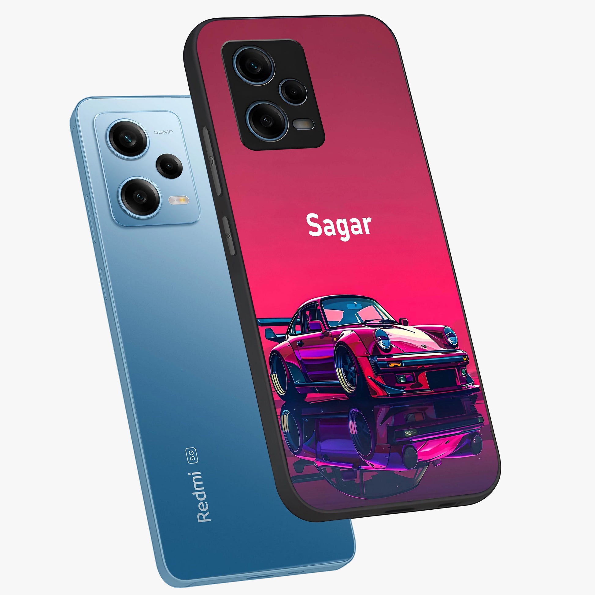 Neon Pink Porsche Glass Case displayed in angled mockup highlighting sleek neon pink car design with racing aesthetic.
