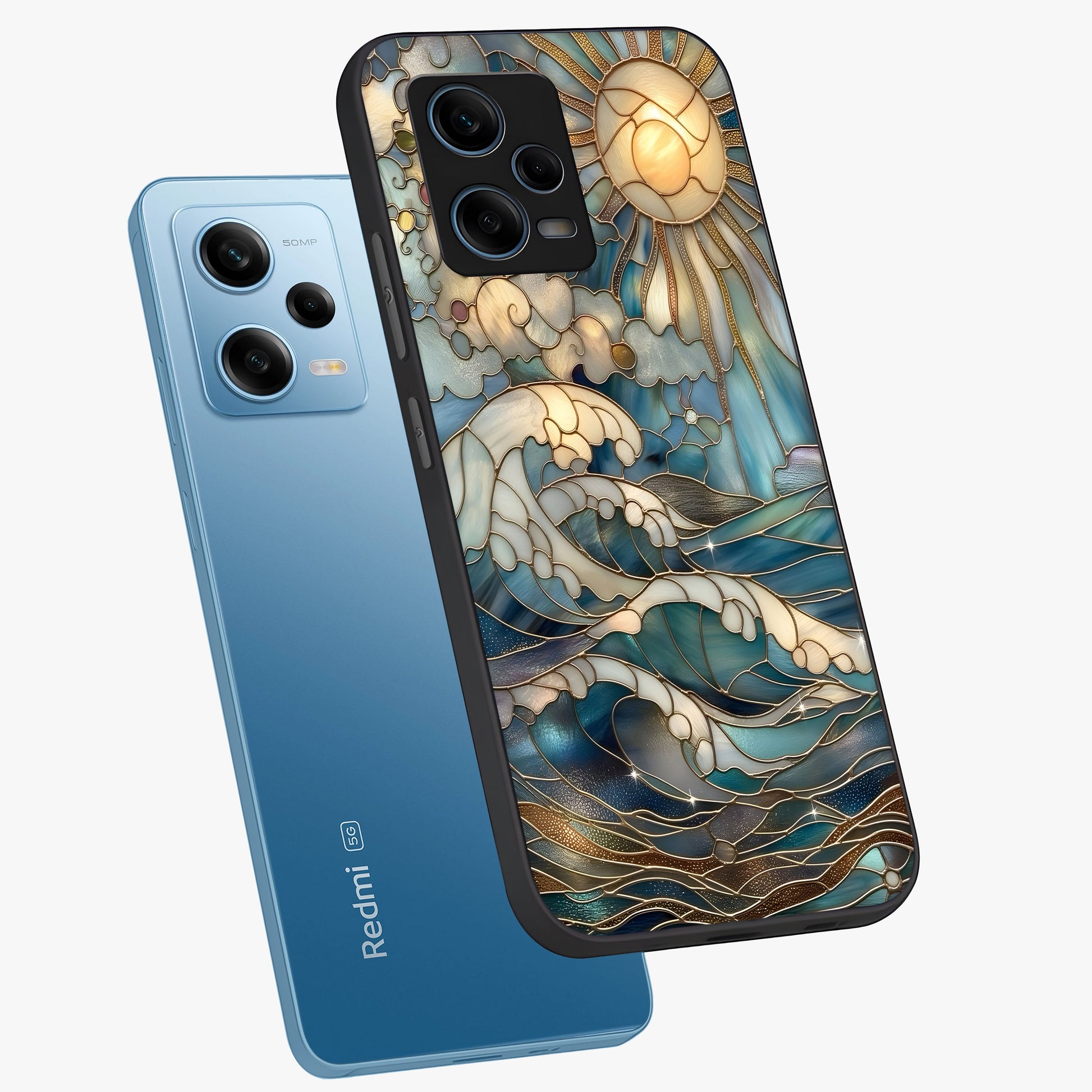 Oceanic Stained Printed Glass Case displayed in angled mockup highlighting colorful aquatic design with artistic aesthetic style.