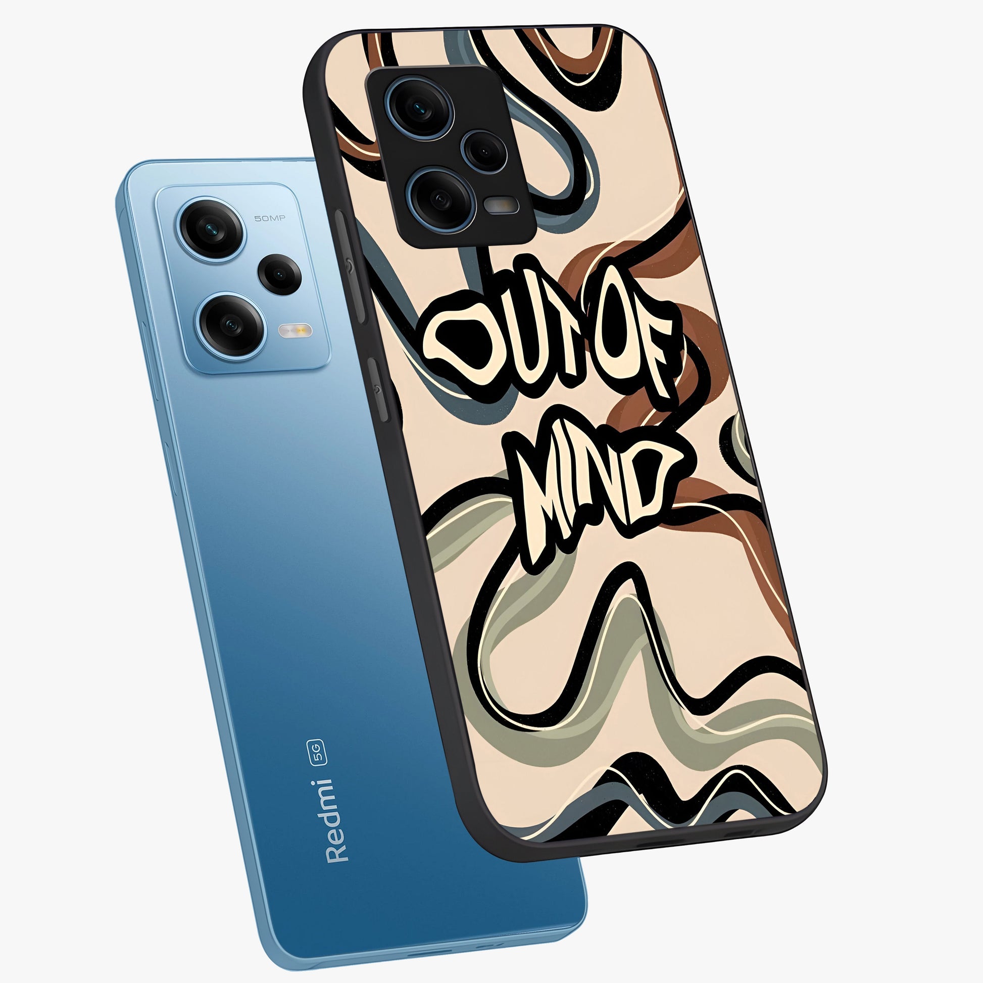 Out Of Mind Glass Case displayed in angled mockup highlighting bold statement design with modern artistic aesthetic.