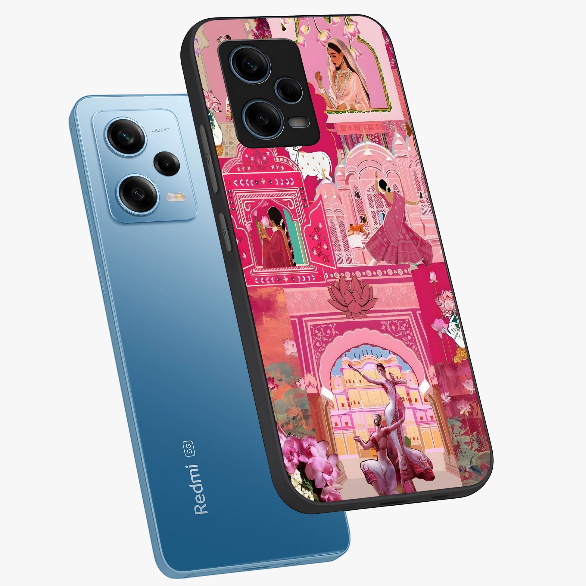 Pink Palace Muse Glass Case displayed in angled mockup highlighting dreamy palace illustration with soft pink aesthetic.