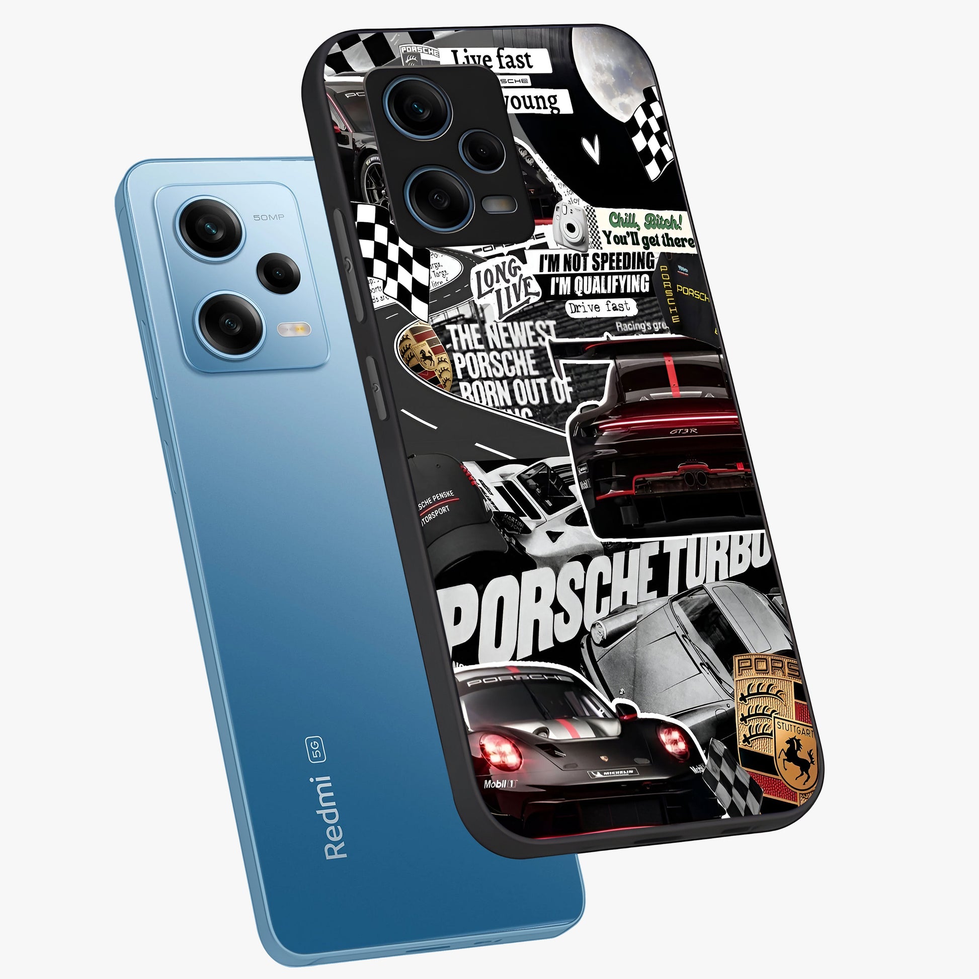 Porsche Racing Collage Glass Case displayed in angled mockup highlighting dynamic automotive design with bold racing aesthetic.