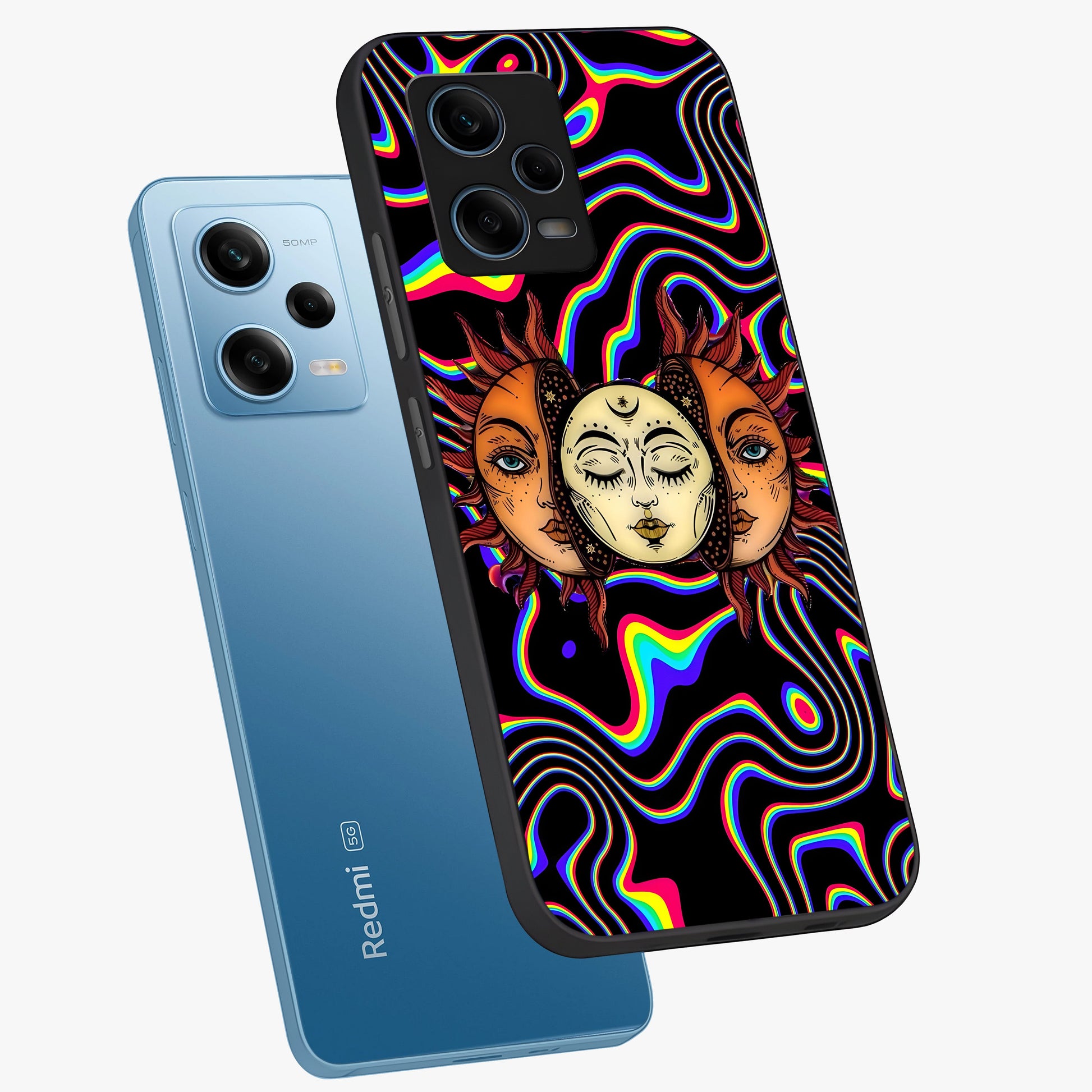 Psychedelic Sun Glass Case displayed in angled mockup highlighting vibrant abstract sun design with artistic aesthetic style.