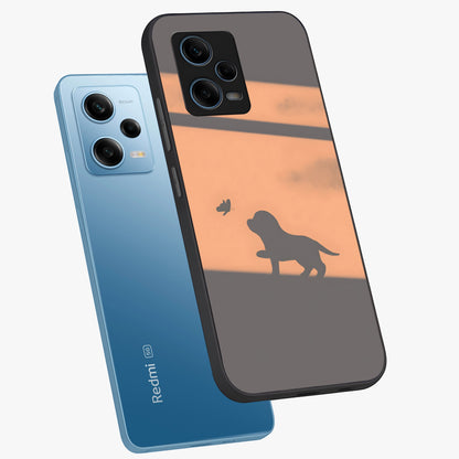 Puppy Shadow Art Glass Case displayed in angled mockup highlighting playful dog illustration with artistic shadow aesthetic.