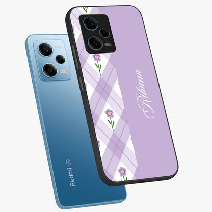 Purple Diamond Floral Glass Case displayed in angled mockup highlighting elegant purple flower design with decorative pattern.