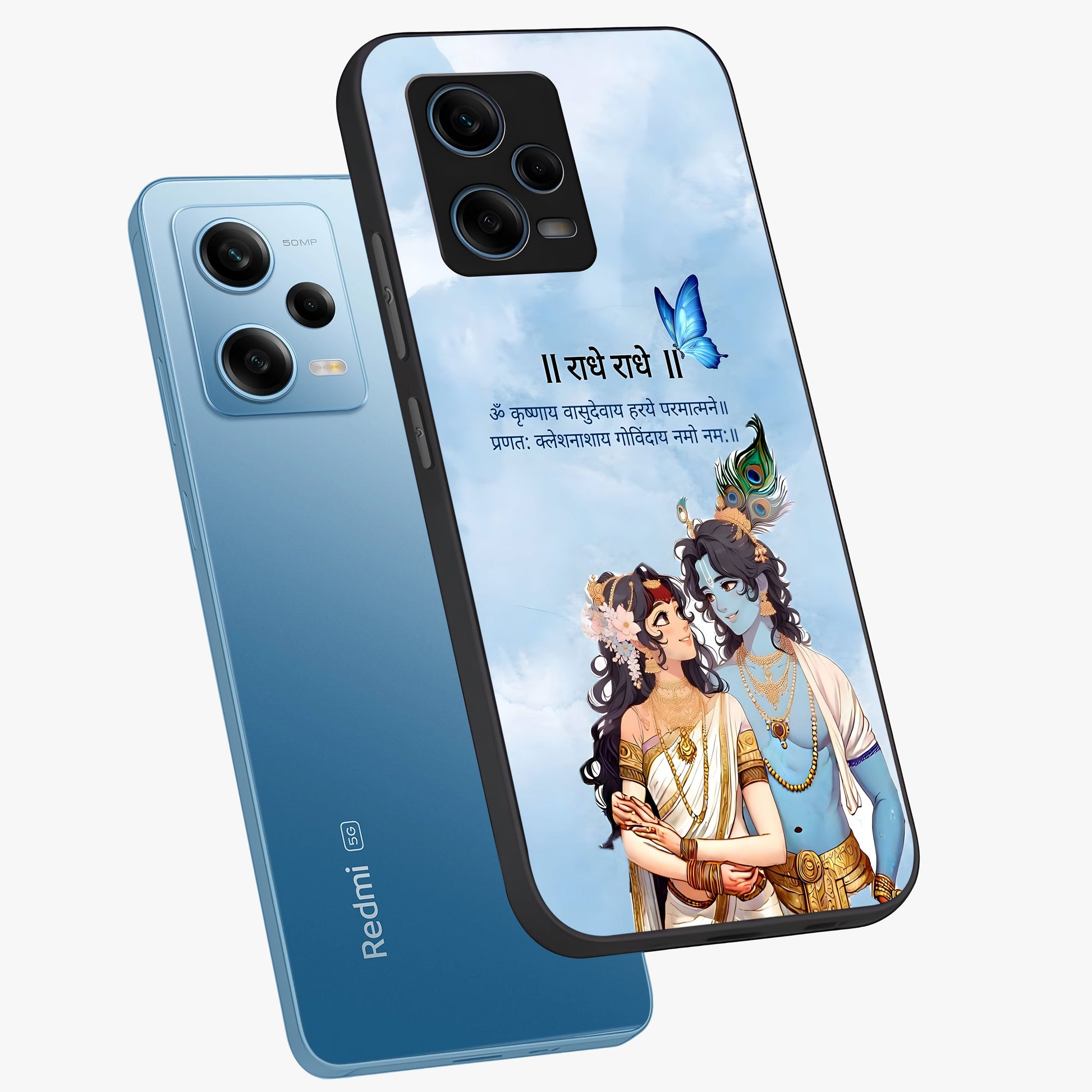 Radha Krishna Eternal Glass Case displayed in angled mockup highlighting divine Radha Krishna illustration with spiritual aesthetic.
