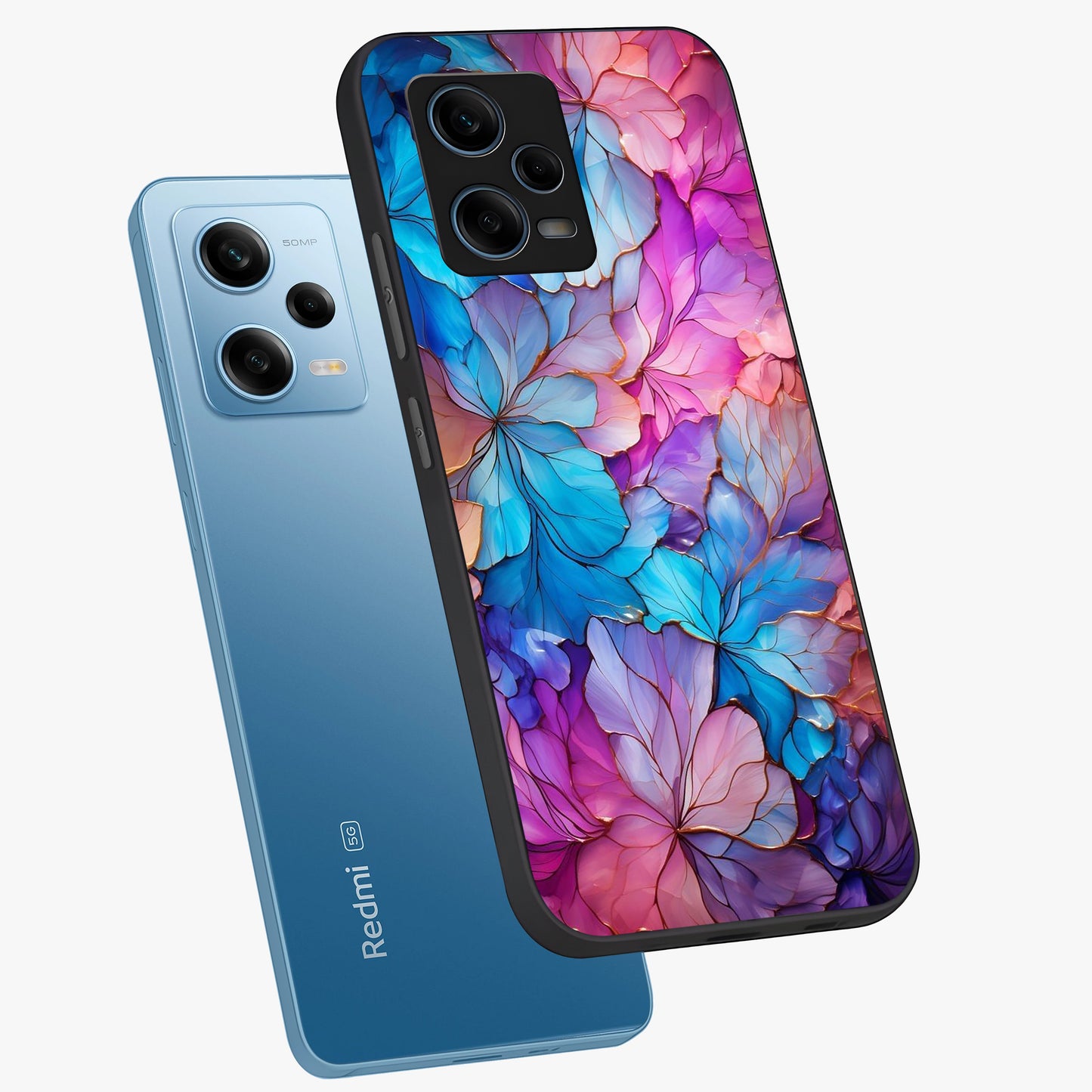 Radiant Floral Whirl Glass Case displayed in angled mockup highlighting vibrant flower pattern with dynamic artistic aesthetic.