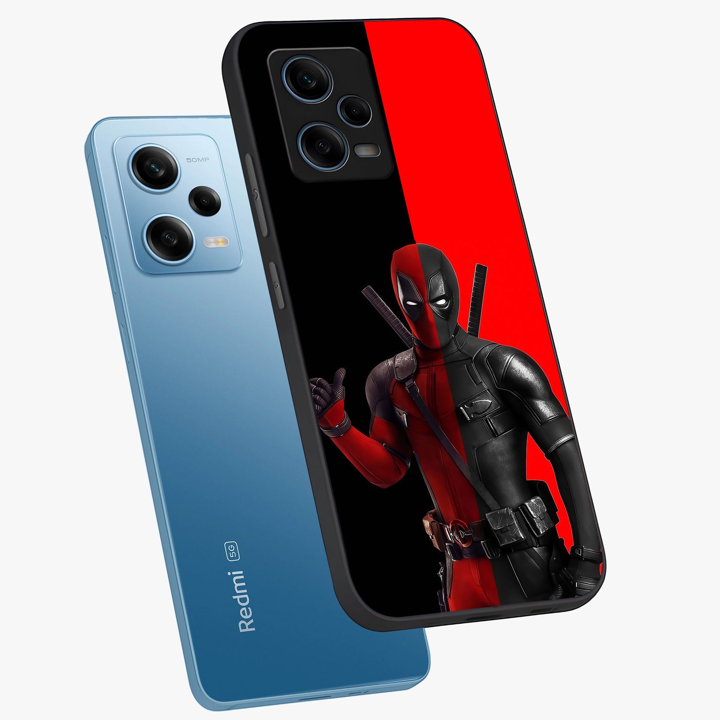 Red & Black Deadpool Theme Glass Case displayed in angled mockup highlighting vibrant superhero style illustration with action aesthetic.