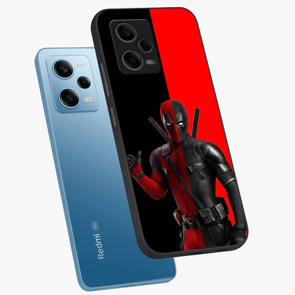 Red & Black Deadpool Theme Glass Case displayed in angled mockup highlighting vibrant superhero style illustration with action aesthetic.