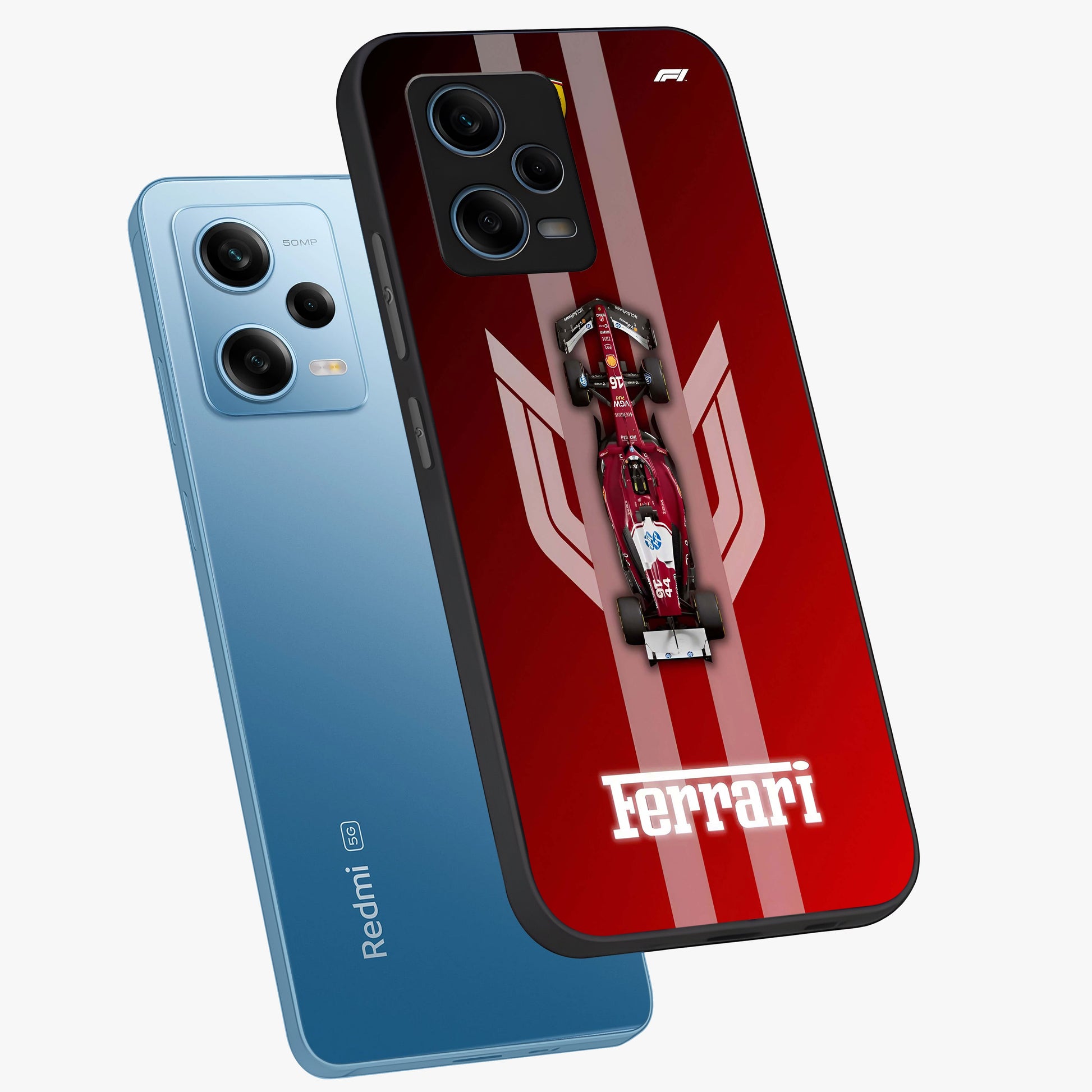 Red Ferrari F1 Vertical Glass Case displayed in angled mockup highlighting high speed racing design with bold automotive aesthetic.