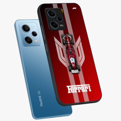 Red Ferrari F1 Vertical Glass Case displayed in angled mockup highlighting high speed racing design with bold automotive aesthetic.