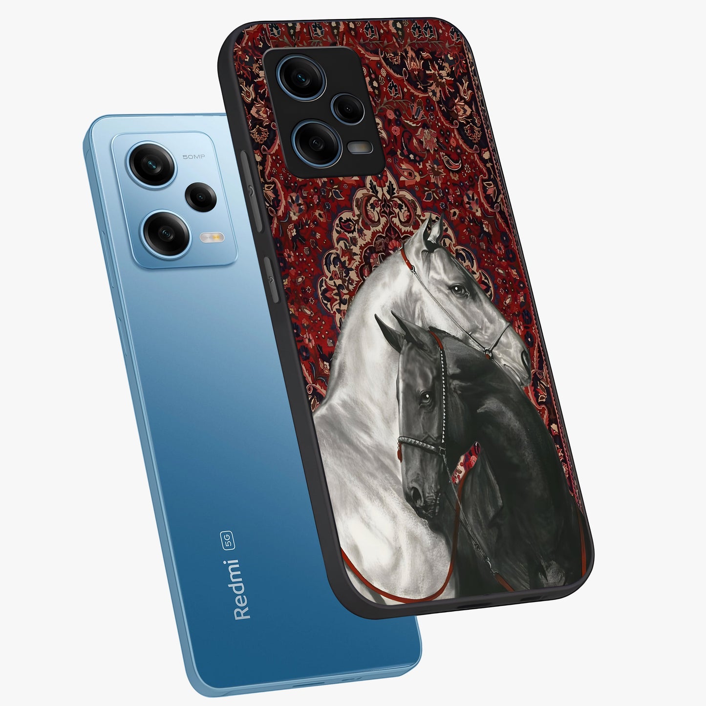 Regal Stallion Tapestry Glass Case displayed in angled mockup highlighting royal stallion design with decorative heritage aesthetic.