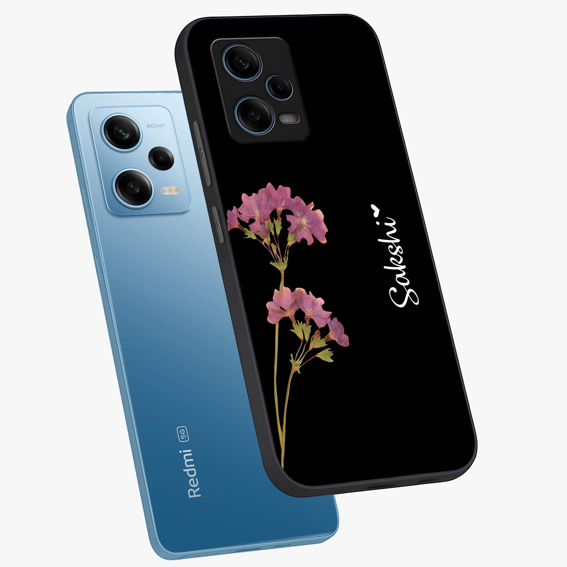 Riching Lavender Flower Custom Name Glass Case displayed in angled mockup highlighting delicate lavender flower design with custom name feature.