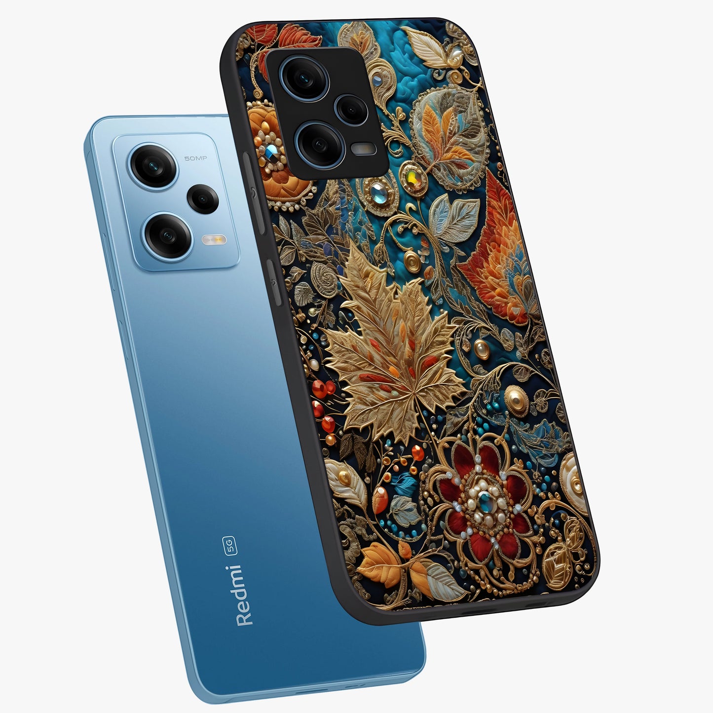 Royal Jewel Garden Glass Case displayed in angled mockup highlighting vibrant jewel inspired floral design with elegant aesthetic.