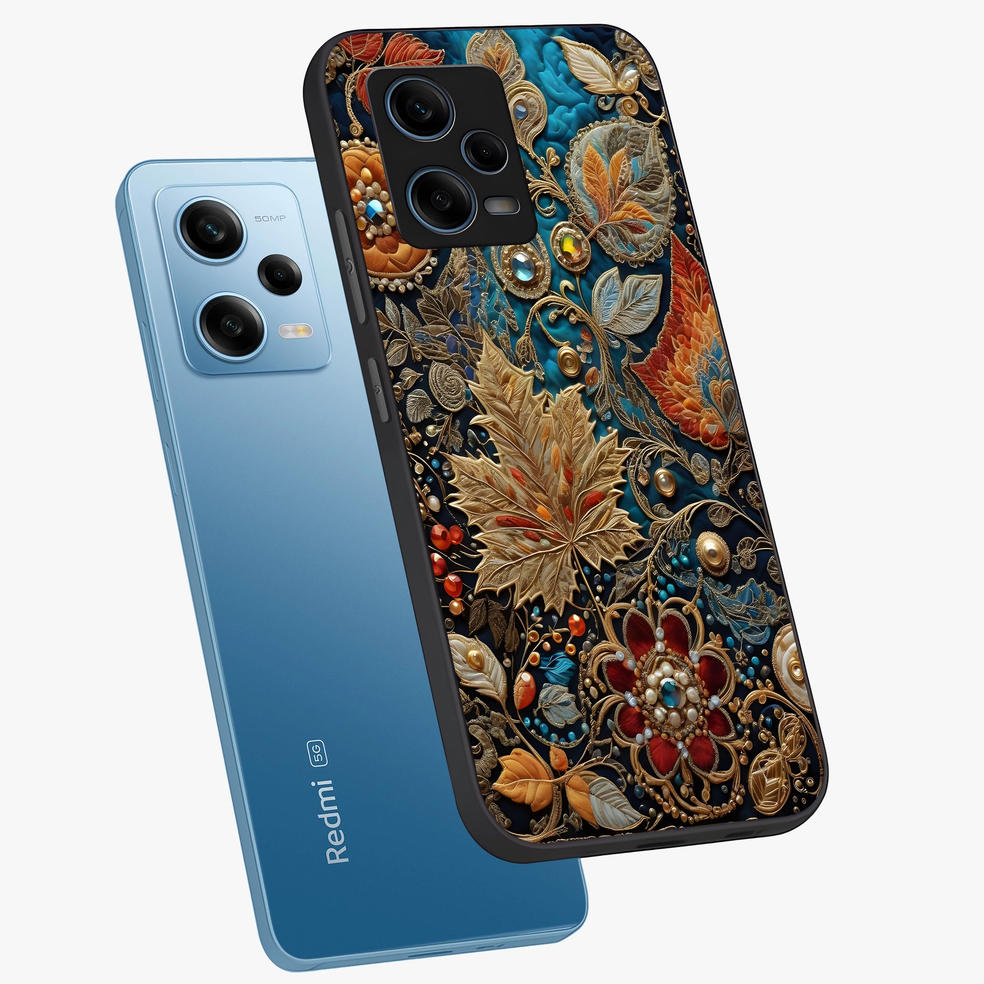 Royal Jewel Garden Glass Case displayed in angled mockup highlighting vibrant jewel inspired floral design with elegant aesthetic.