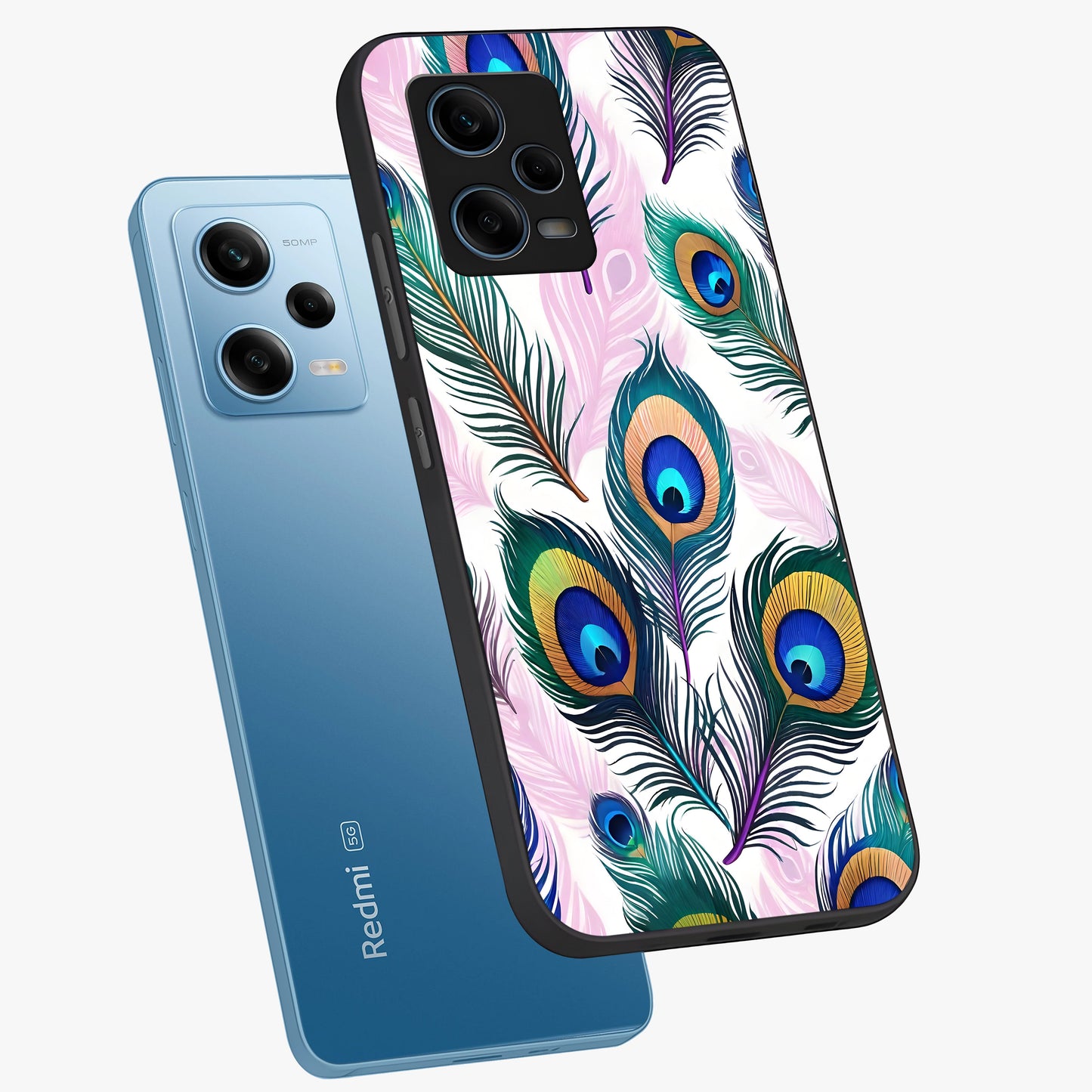 Royal Peacock Feathers Glass Case displayed in angled mockup highlighting vibrant feather pattern with regal aesthetic style.