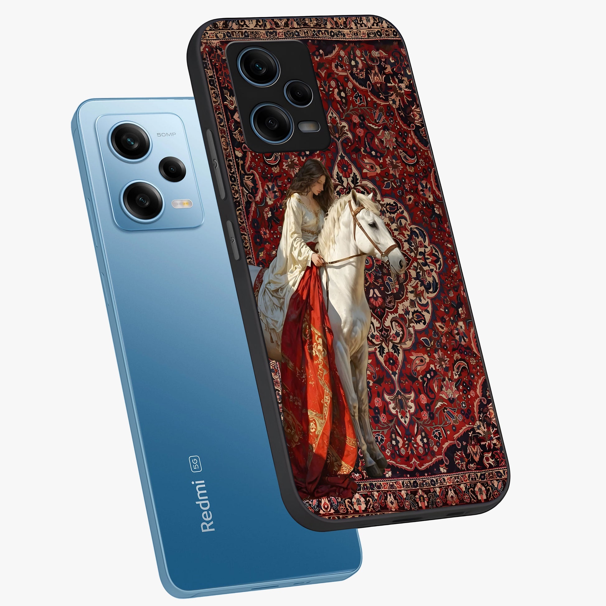 Royal Rider Tapestry Glass Case displayed in angled mockup highlighting traditional tapestry design with royal heritage aesthetic.