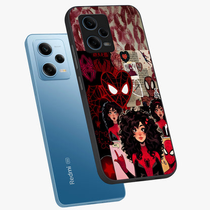 Spider Love Story Glass Case displayed in angled mockup highlighting expressive comic inspired design with playful aesthetic.