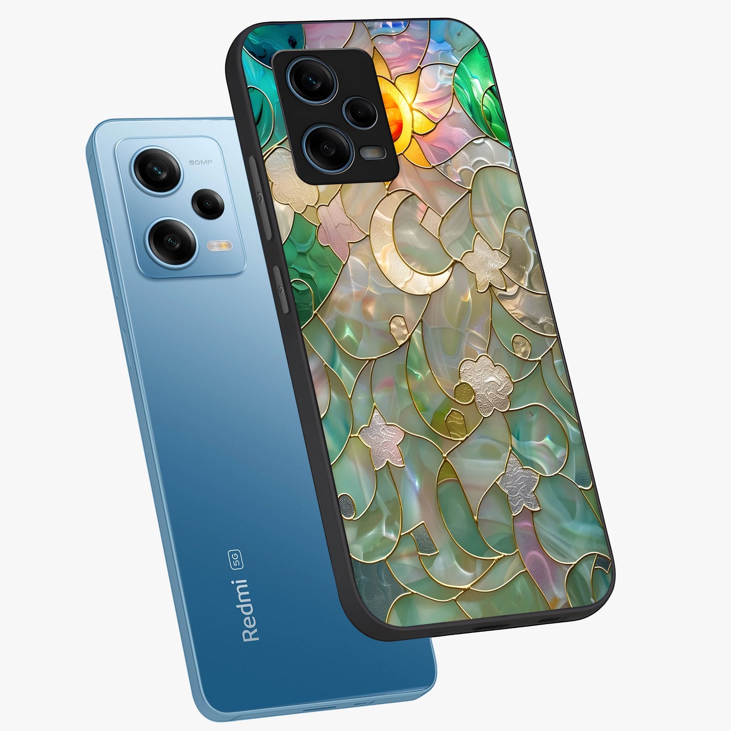Stained Sunrise Glow Glass Case displayed in angled mockup highlighting radiant sunrise design with artistic aesthetic style.