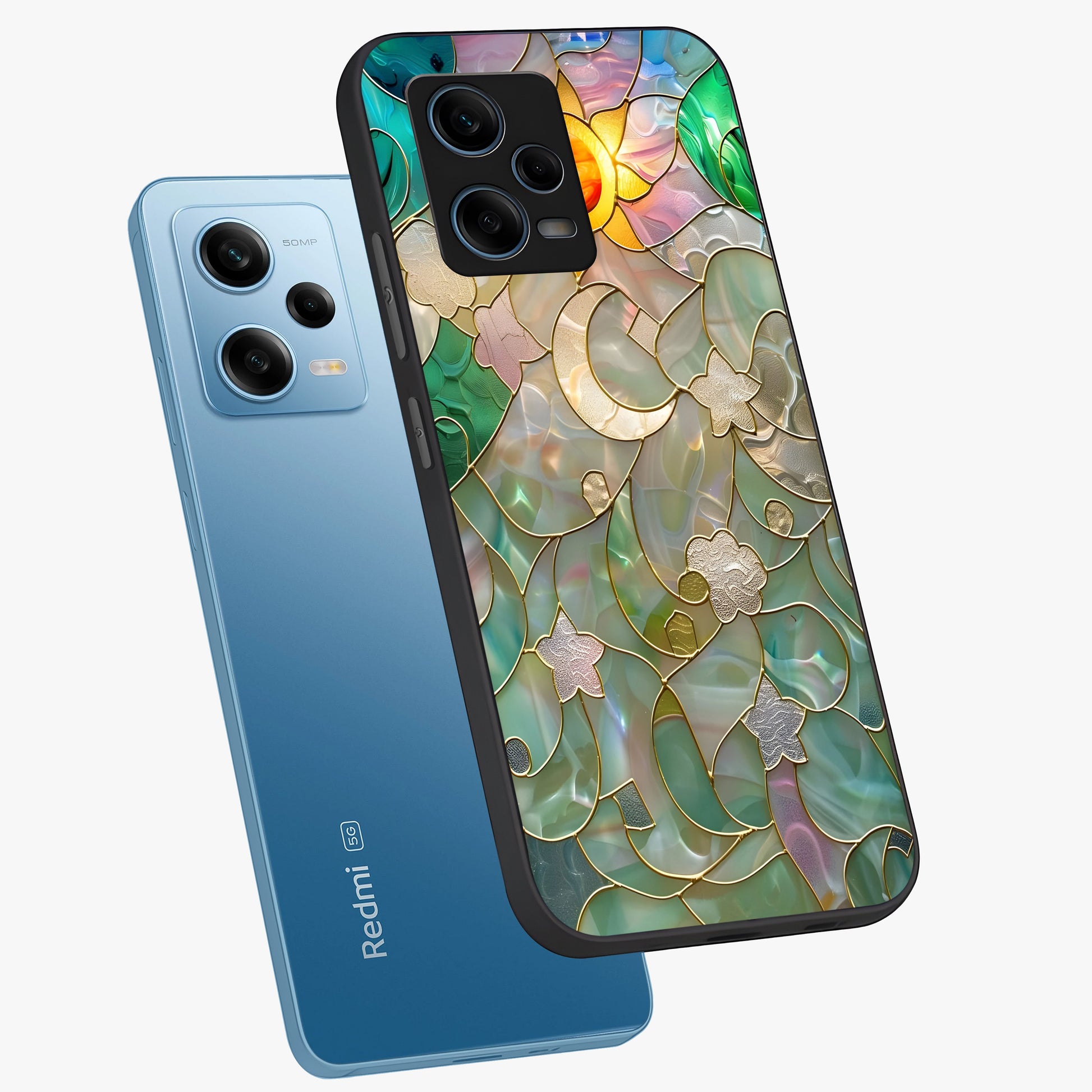 Stained Sunrise Glow Glass Case displayed in angled mockup highlighting radiant sunrise design with artistic aesthetic style.