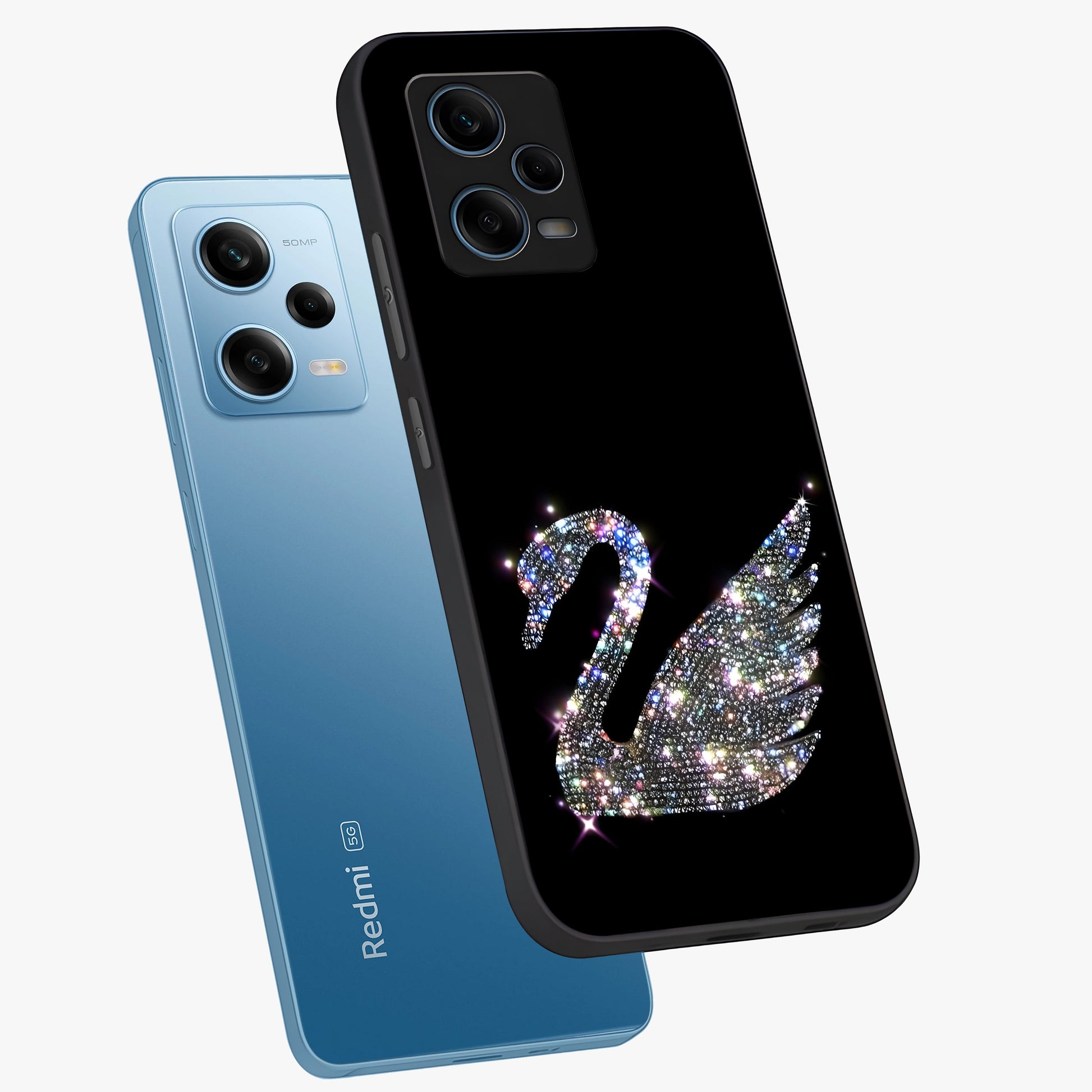 Starlit Swan Grace Glass Case displayed in angled mockup highlighting elegant swan illustration with dreamy celestial aesthetic.
