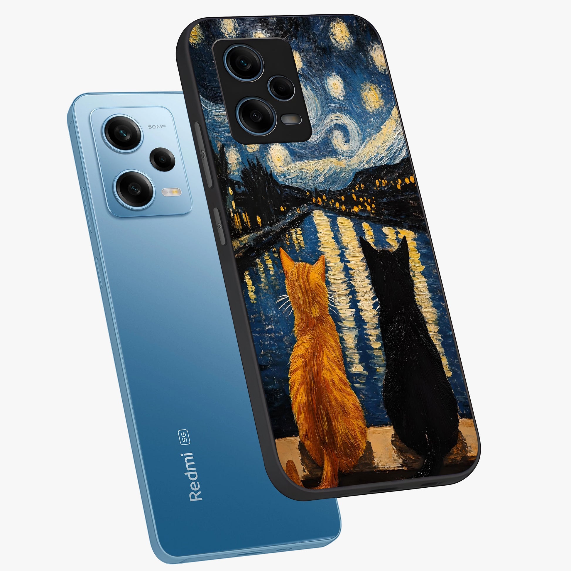 Starry River Cats Glass Case displayed in angled mockup highlighting charming feline illustration with dreamy night aesthetic.