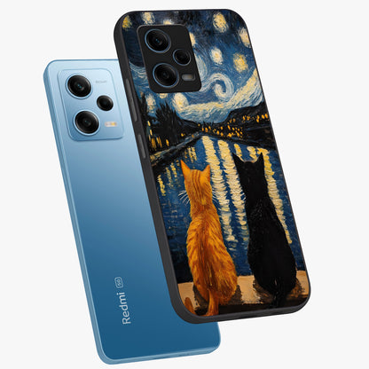 Starry River Cats Glass Case displayed in angled mockup highlighting charming feline illustration with dreamy night aesthetic.
