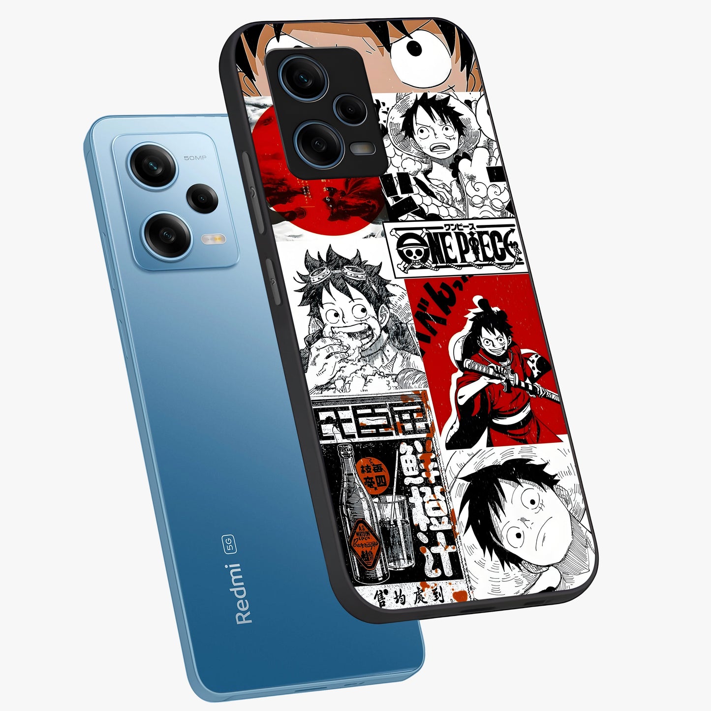 Strawhat Chaos Panels Glass Case displayed in angled mockup highlighting vibrant anime collage design with action aesthetic.