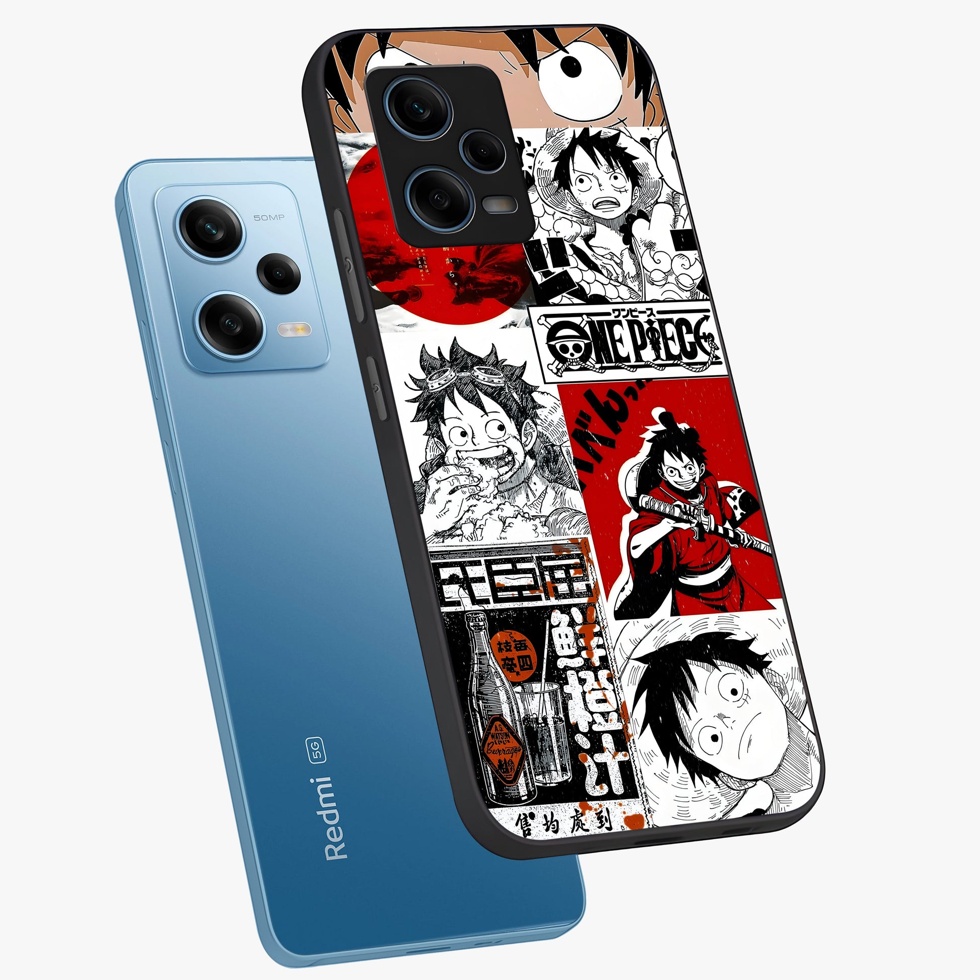 Strawhat Chaos Panels Glass Case displayed in angled mockup highlighting vibrant anime collage design with action aesthetic.