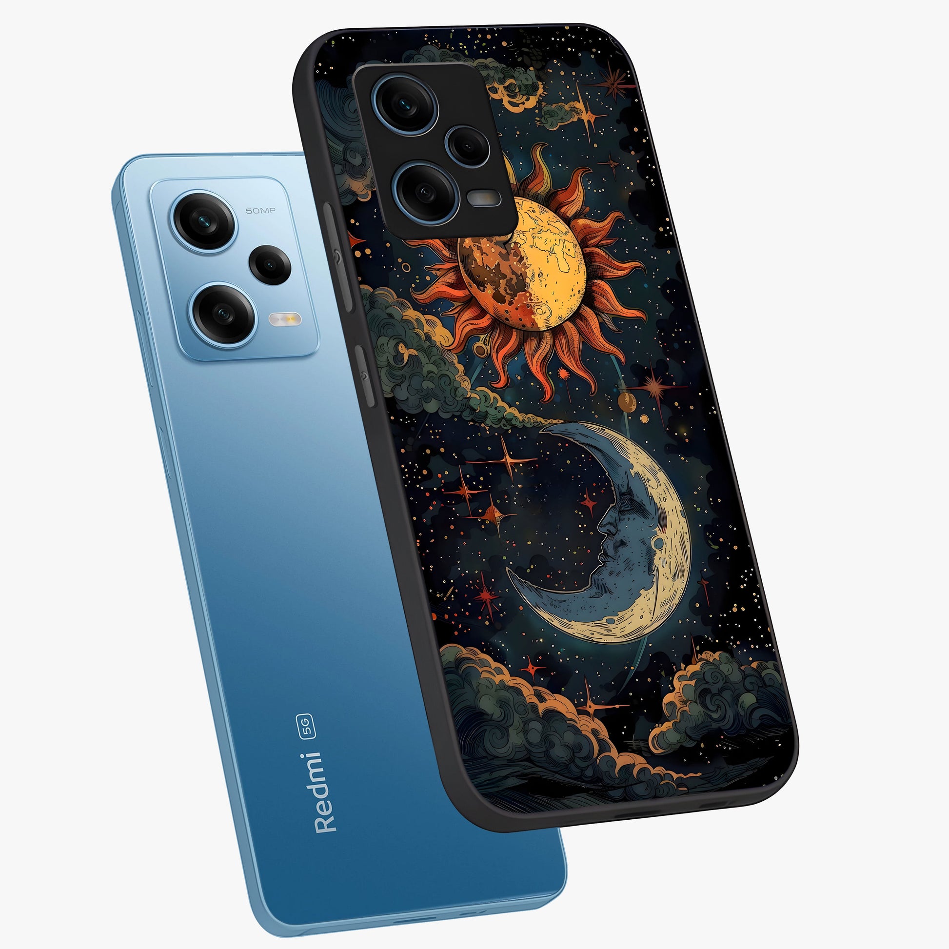 Sun And Moon Magic Design Glass Case displayed in angled mockup highlighting celestial design with magical cosmic aesthetic.