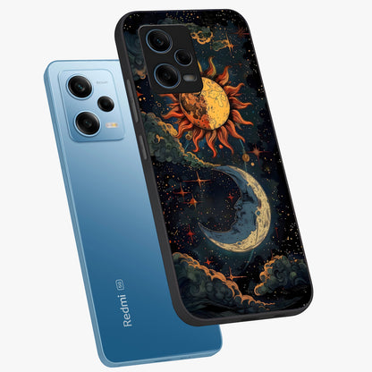 Sun And Moon Magic Design Glass Case displayed in angled mockup highlighting celestial design with magical cosmic aesthetic.