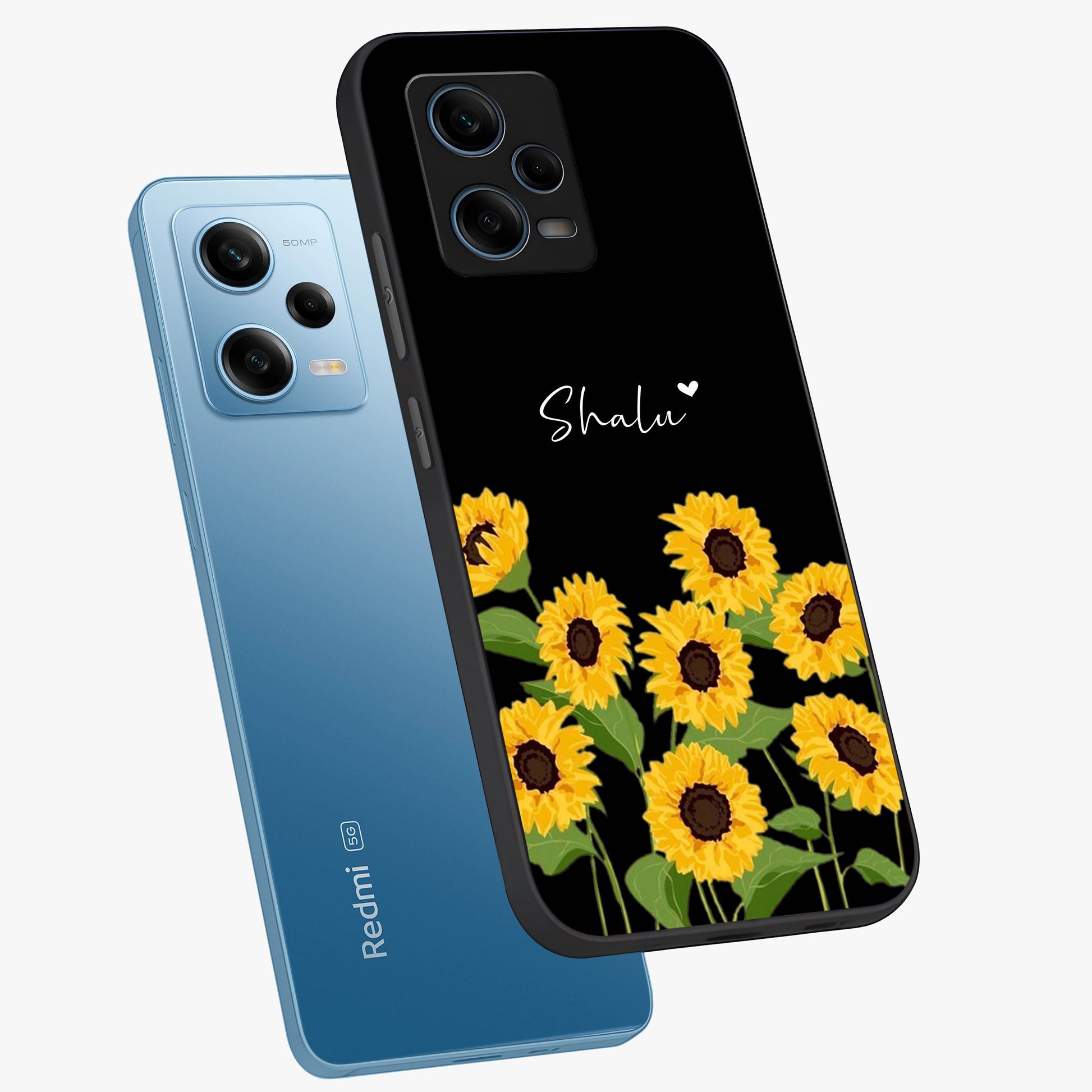 Sunflower Chic Mood Custom Name Glass Case displayed in angled mockup highlighting vibrant sunflower design with custom name feature.