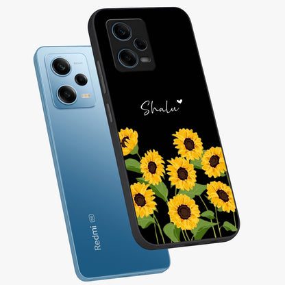 Sunflower Chic Mood Custom Name Glass Case displayed in angled mockup highlighting vibrant sunflower design with custom name feature.